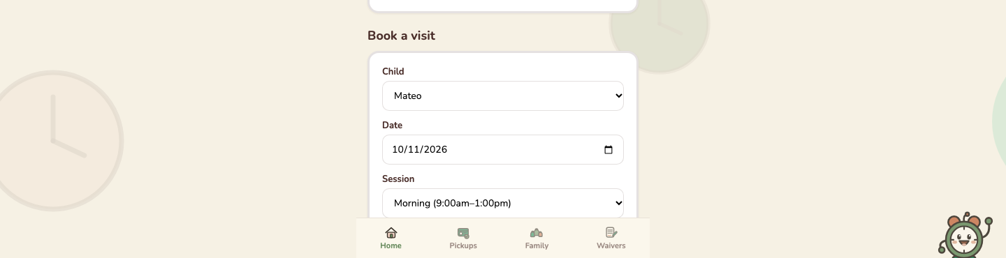 Parent app booking form with child, date, and session fields