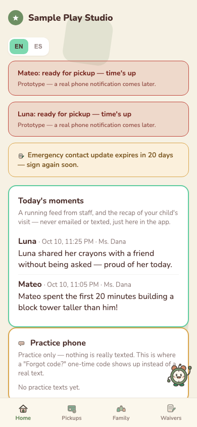 Parent phone screen showing a ready for pickup time's up alert