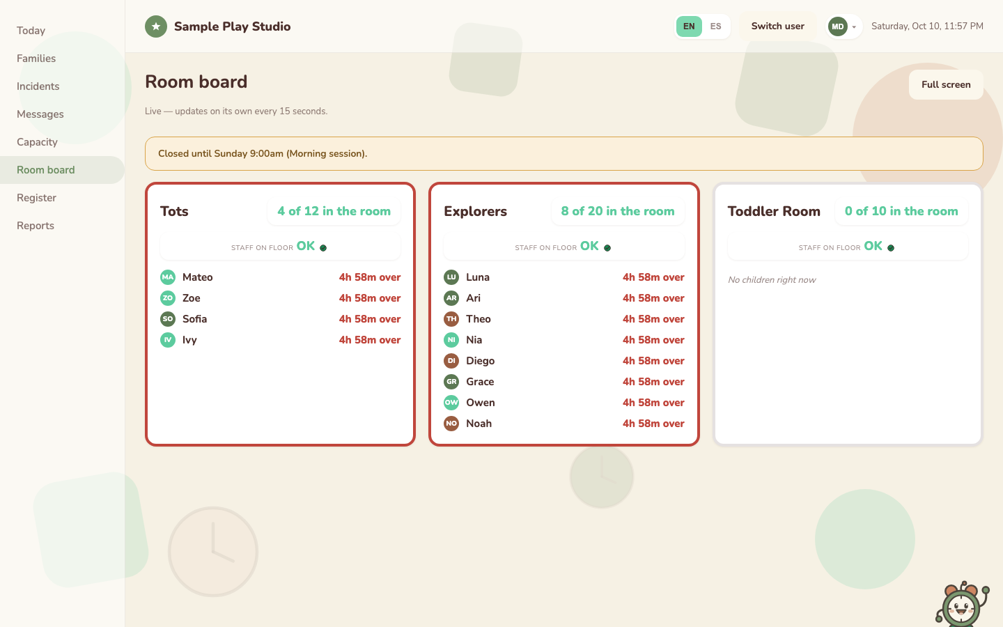 Live room board showing Tots, Explorers, and Toddler Room counts updating on their own