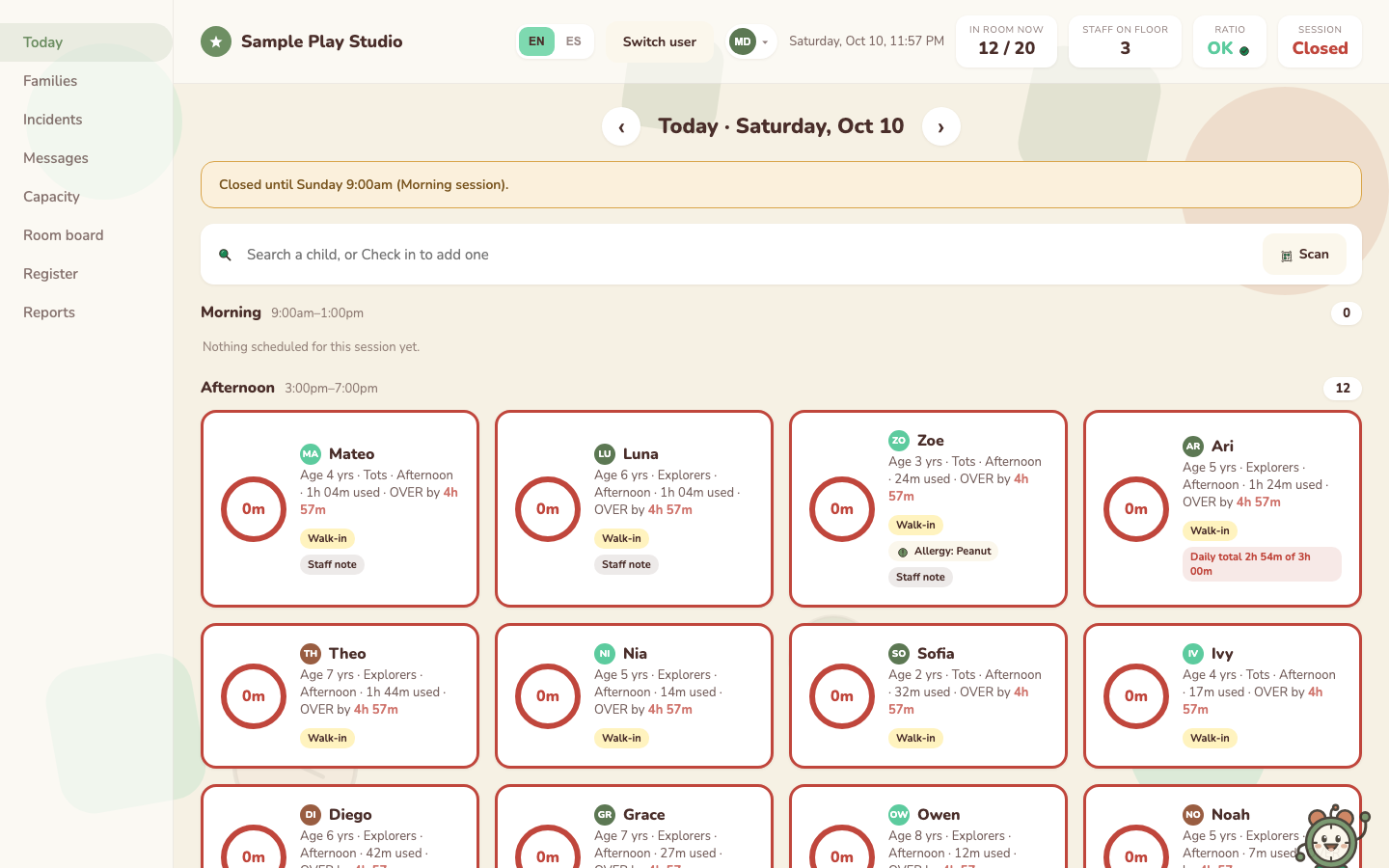 Chiquitime front-desk dashboard showing today's drop-in sessions, time used per child, and who is over their limit